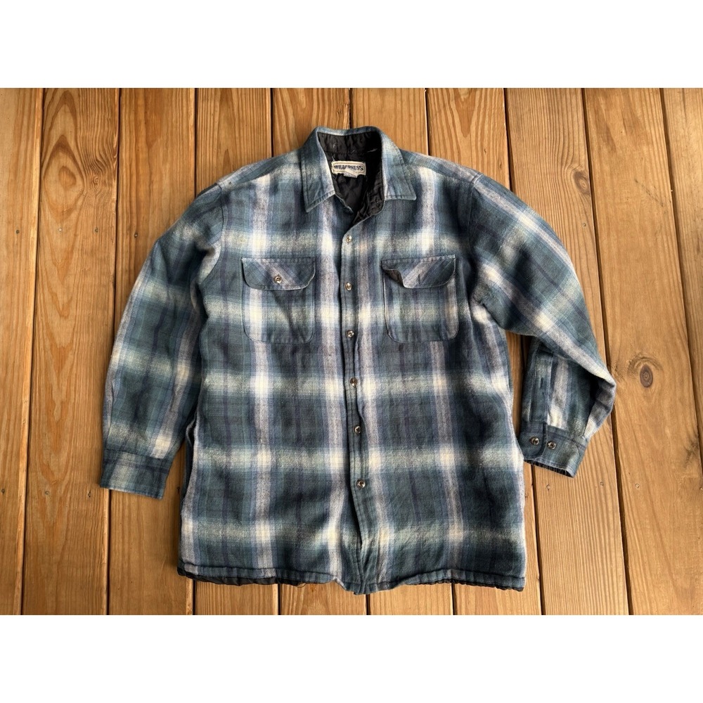 Vintage Wildnerness Jacket Mens Large Blue Plaid Flannel Quilted Lined